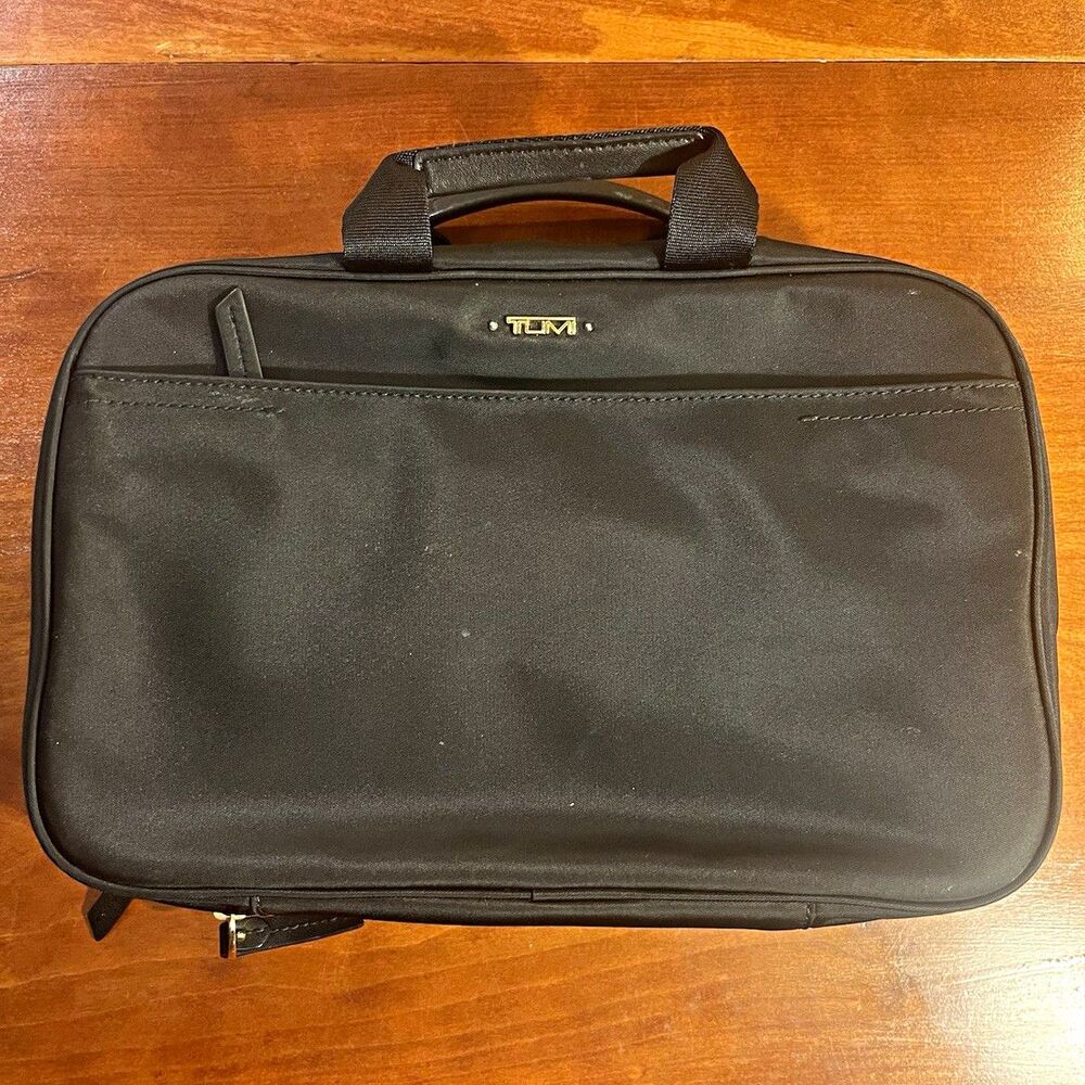 Tumi Black Travel Toiletry Organizer Bag w/ Hanger Gold and Leather Accents